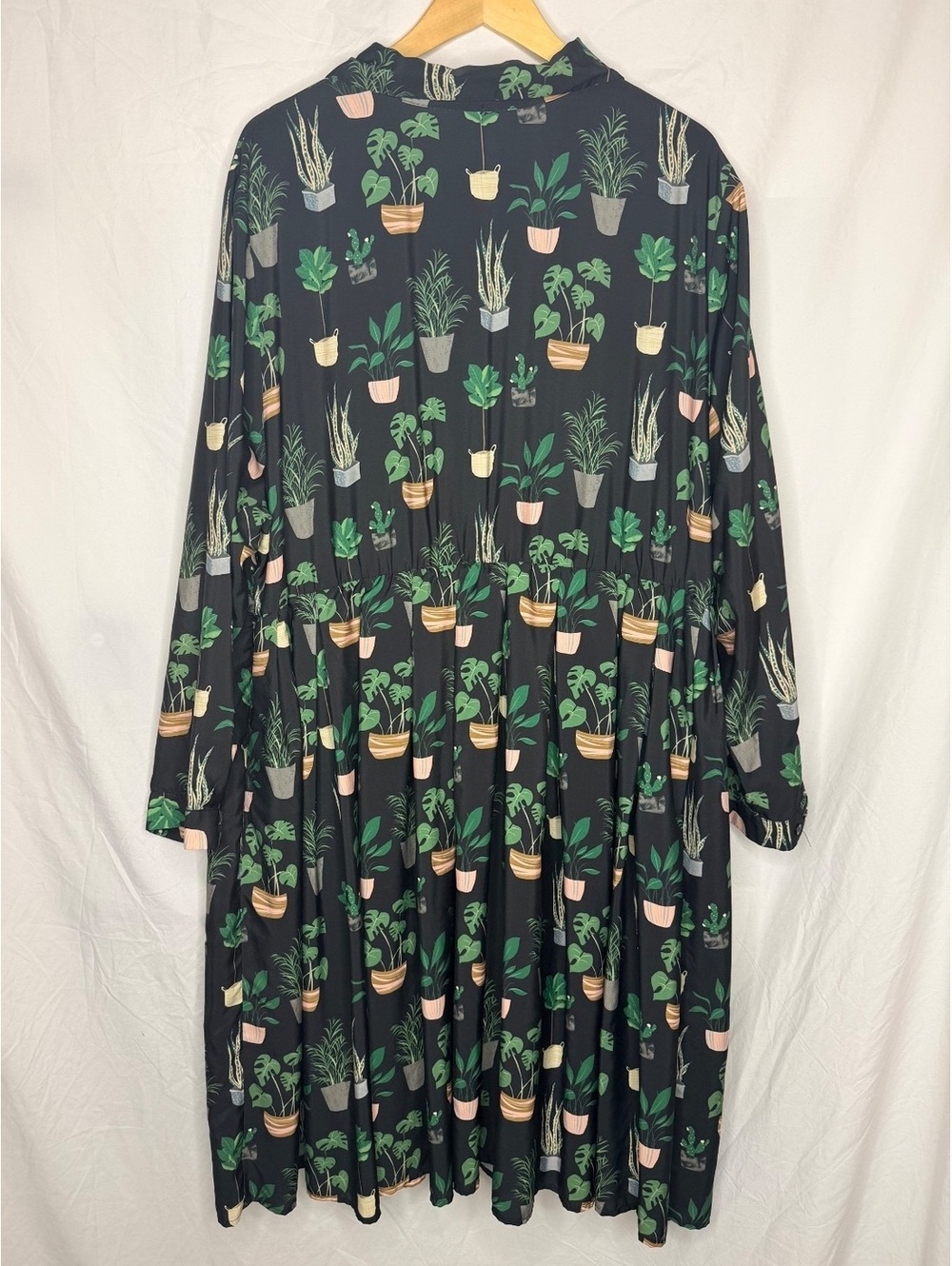ELOQUII Plant Print Midi Shirt Dress Size 26 Black Button Front Long Sleeve - Picture 4 of 6